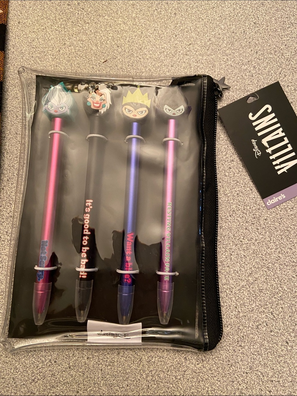 Disney Villains Pink, Purple & Black Gel Pen Set with Clear Pouch